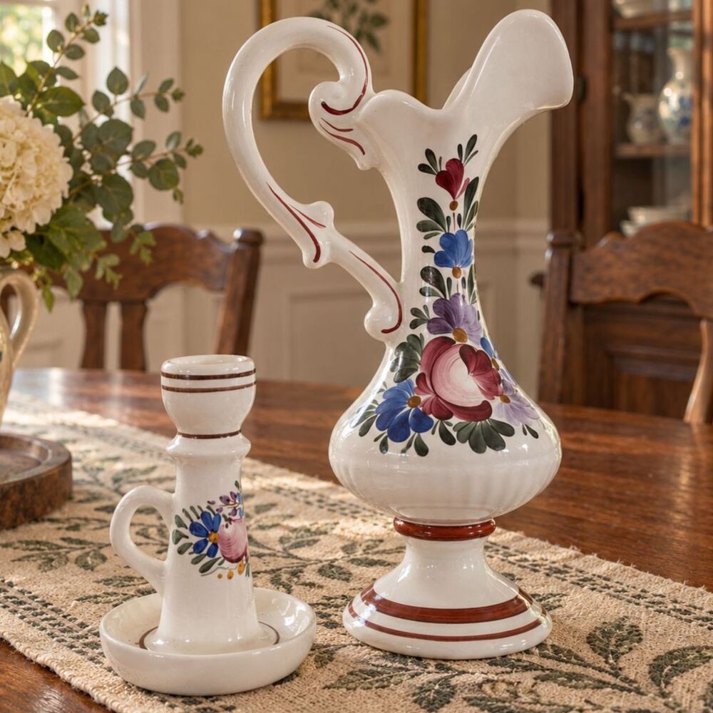 Tapolca Hungarian Folk Art Hand Painted Ceramic Pottery Pitcher Jug Candle Stick